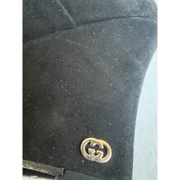 Gucci Black Suede Knee High Wedge Heel Pull On Round Toe Boots 203924 Sz 7.5M - Picture 11 of 13